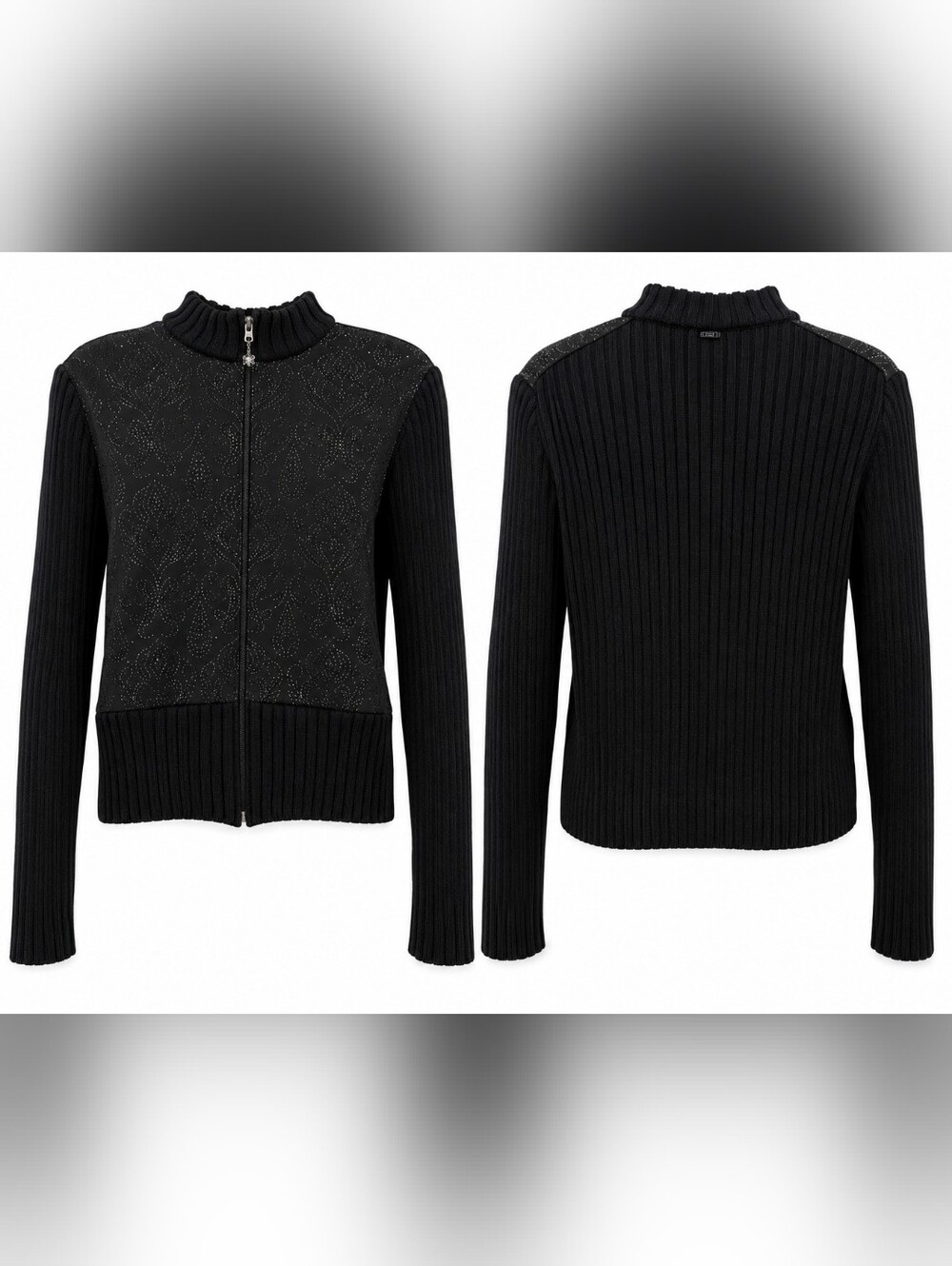 St. John Sport by Marie Gray Black Embellished Zip Front Wool Blend Sweater Jack